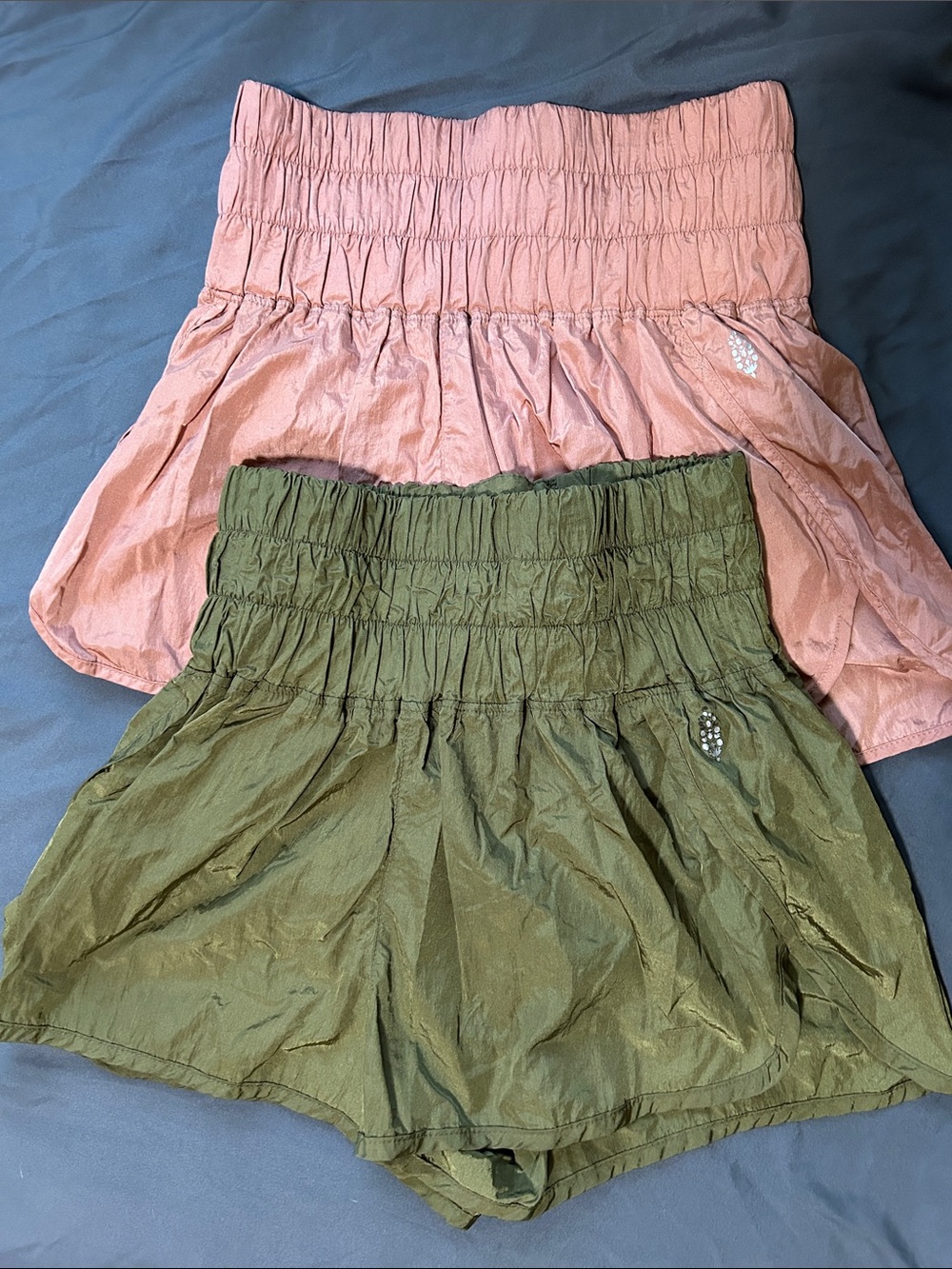 FP Movement by Free People Smocked High-Waist Athletic Shorts in Pink & Olive